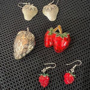 Strawberry Jewelry. Silver earrings, pendant/brooches, dangle red stby earrings.